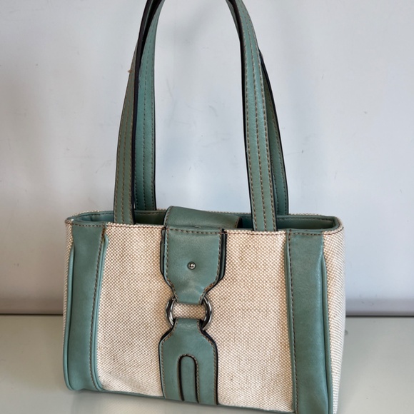 Etienne Aigner Handbag Purse Wicker Teal Blue Leather 9” - Picture 3 of 16